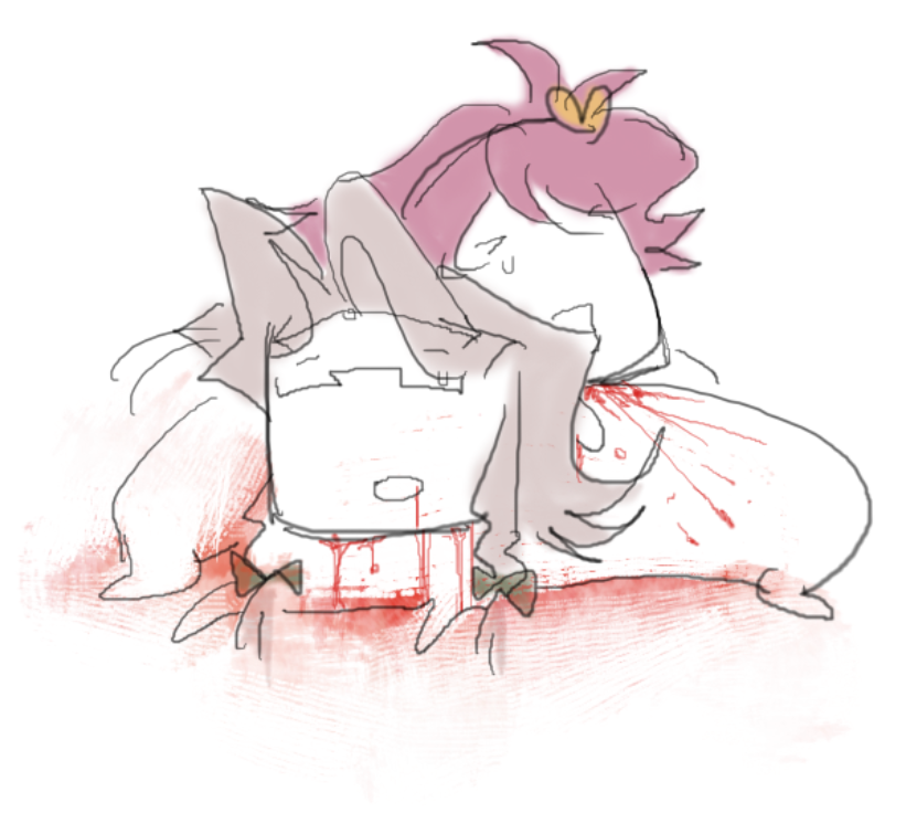 this is an image with satori komeiji and sakuya izayoi as weird bean creatures DEAD with blood all over.